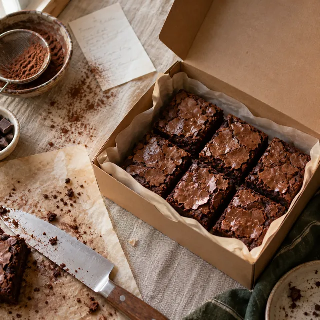 Brownies listos para entregar en una caja