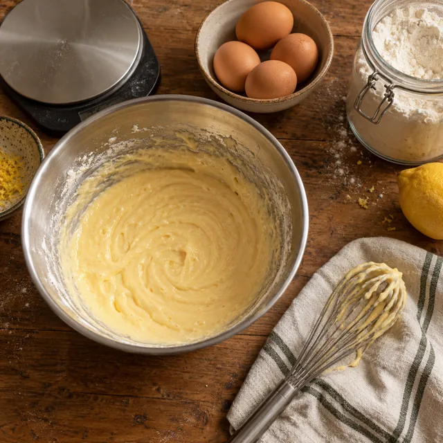 Ingredientes, balanza y utensilios sobre una mesa de trabajo